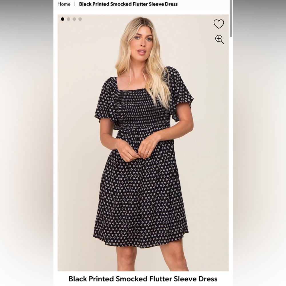 Black Printed Smocked Flutter Sleeve Dress. Size Small. From PinkBlush